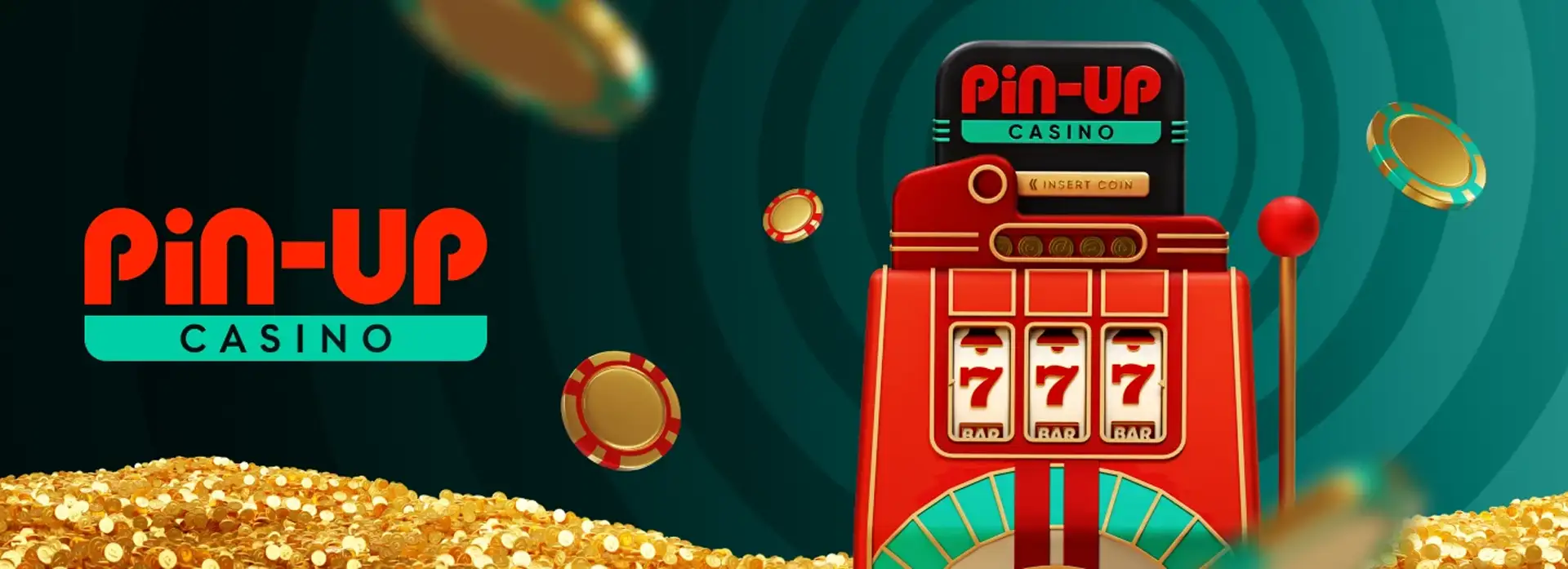 Логотип казино Пин Ап Авиатор на зеленом фоне с игровым автоматом и казиношными знаками