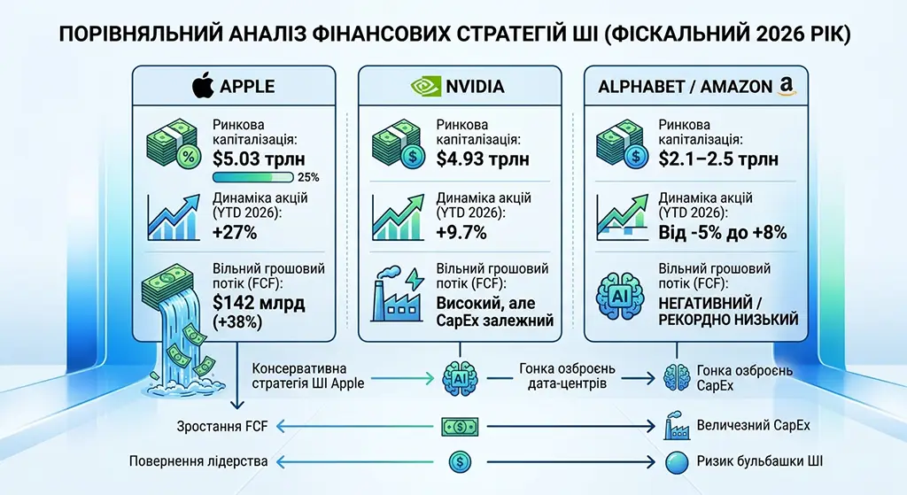 Схематичний порівняльний аналіз фінансових стратегій ШІ Apple, Nvidia та Alphabet у 2026 році
