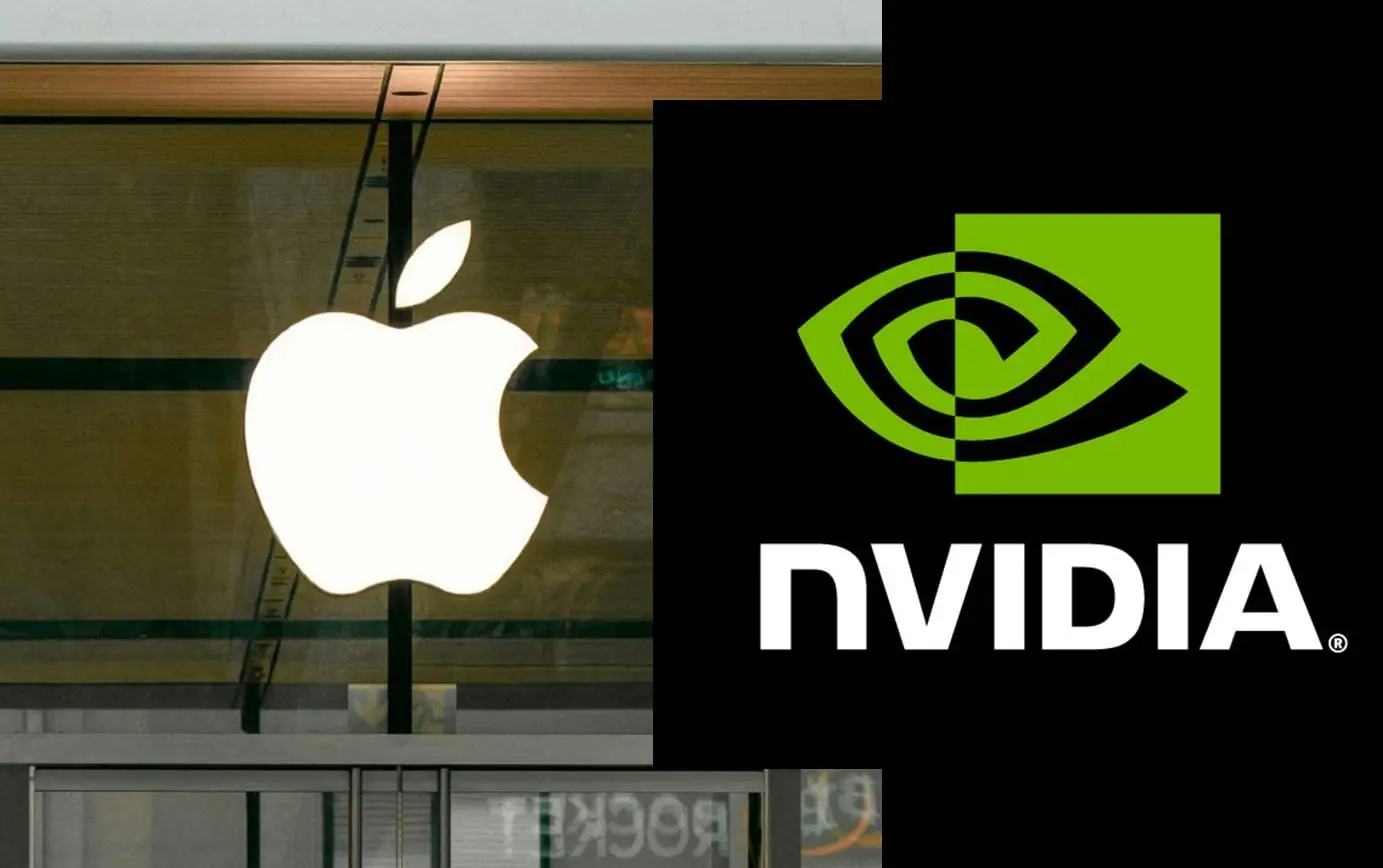 Світлий логотип Apple та зелено-чорний логотип Nvidia поруч на темно-сірому тлі.