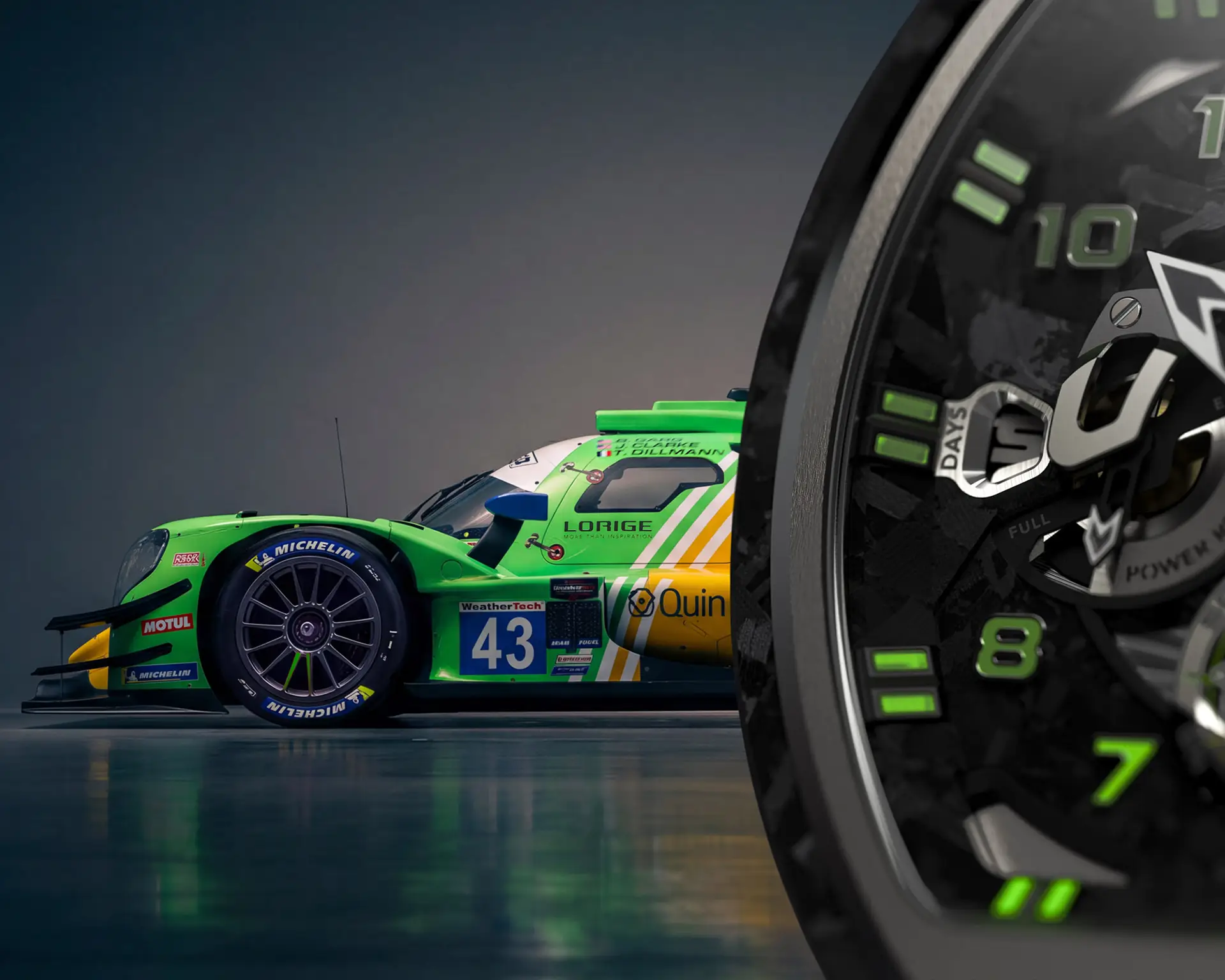 Гоночний годинник Lorige X InterEuropol Competition BL-Endurance на тлі гоночного боліда LMP2 №43.